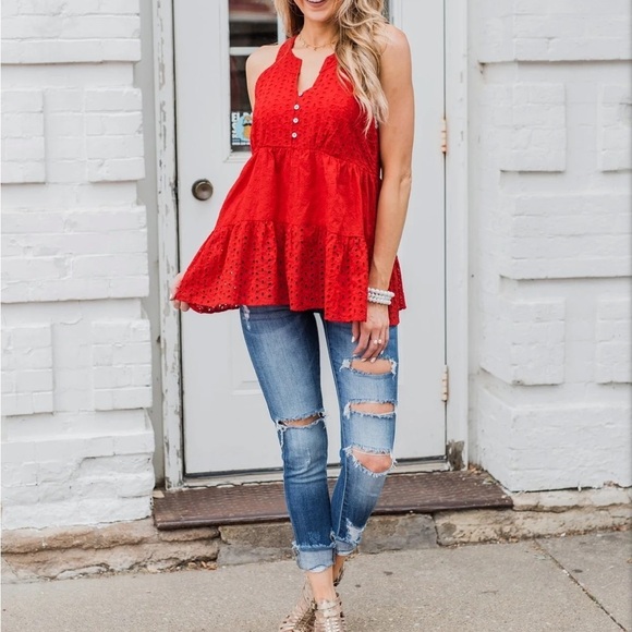 Cherish the Moment Babydoll Tank Top- Scarlet‎ Red - Picture 2 of 16